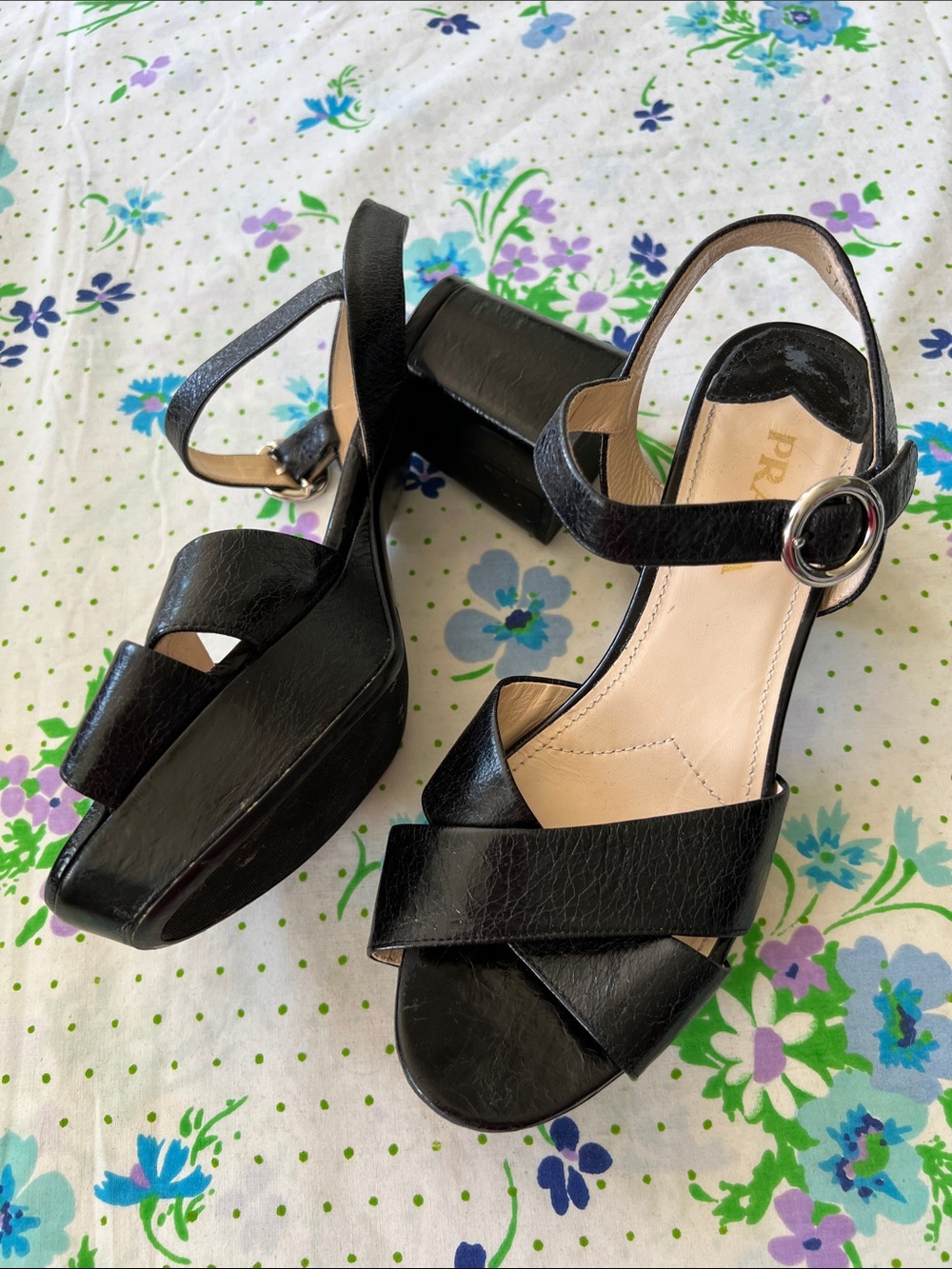 Prada Platform Buckle Chunky Strappy Heels - 37
